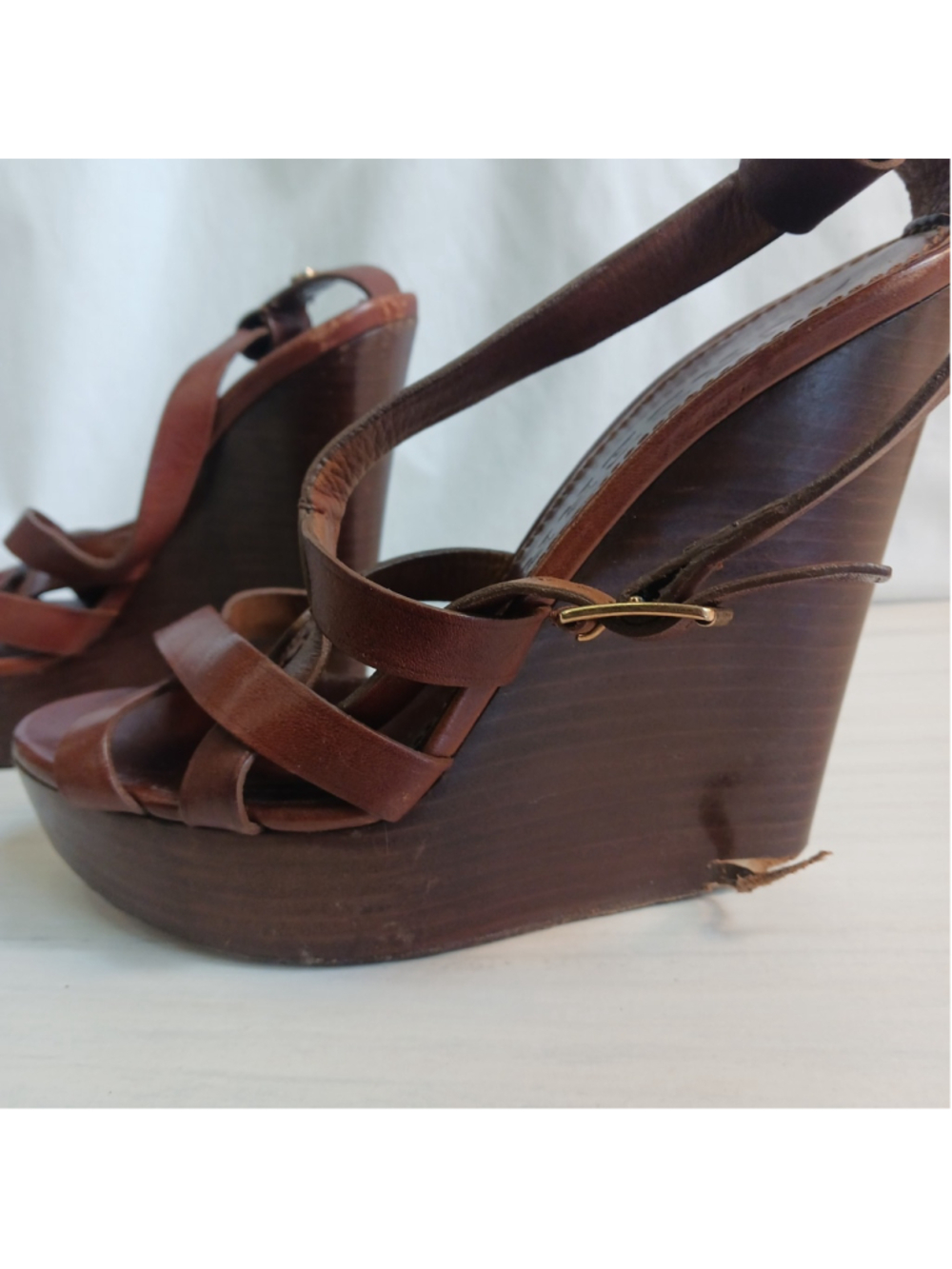 Burberry Delamer Brown Leather Strappy Wedge Heels Women's 8 Boho Fancy * Read* - Picture 3 of 12